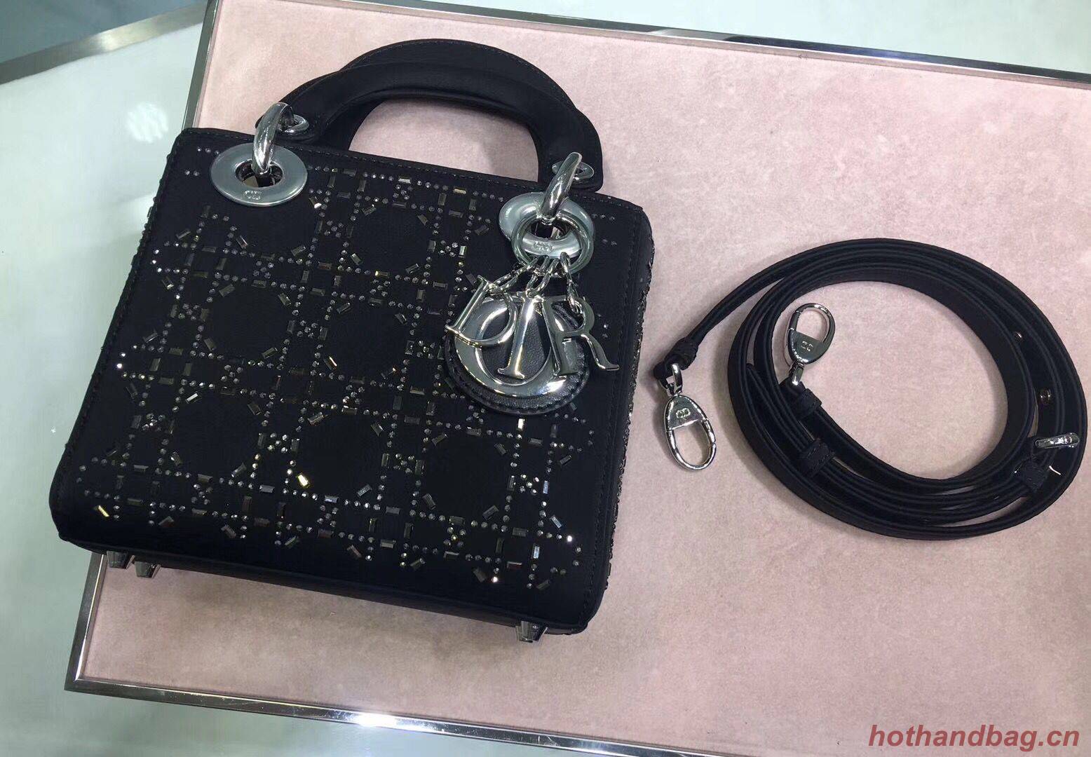 Dior Lady Original Silk Satin-Encrusted Satchel Bag 2369 Black Dior Lady Original Silk Satin-Encrusted Satchel Bag 2369 Black