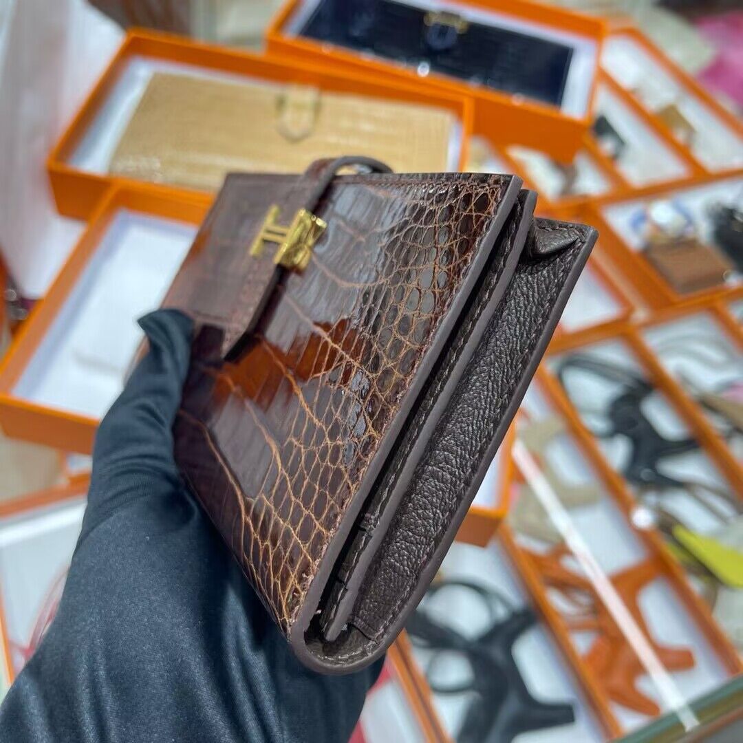 Hermes 100% genuine crocodile leather kelly Wallet 33569 Dark Brown Hermes 100% genuine crocodile leather kelly Wallet 33569 Dark Brown