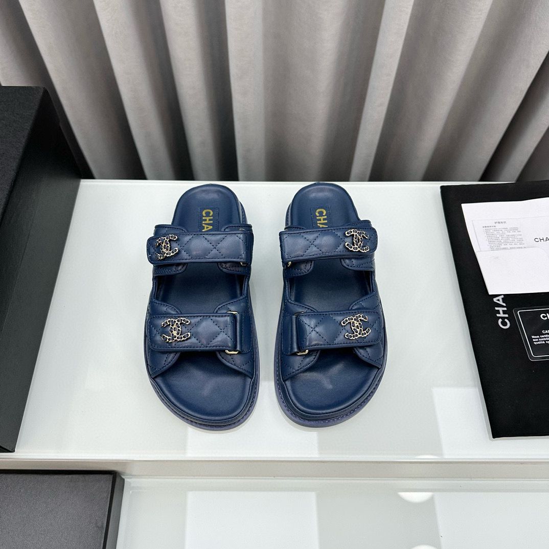 Chanel Original Leather Slipper Shoes HM30212 Dark Blue