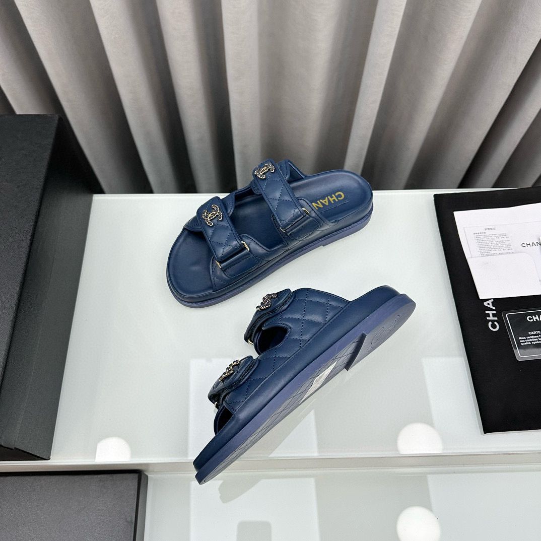 Chanel Original Leather Slipper Shoes HM30212 Dark Blue