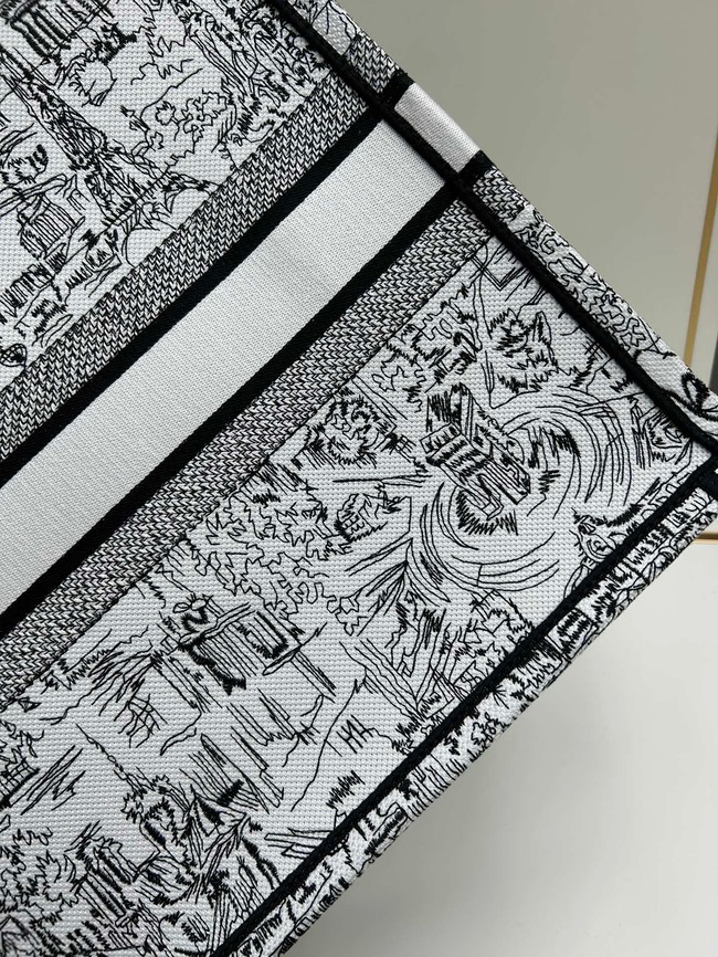 Large Dior Book Tote White and Black Paris Allover Embroidery M1286ZE