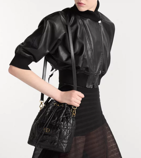Small Dior Caro Bucket Bag Black Macrocannage Lambskin M3372UNOZ 