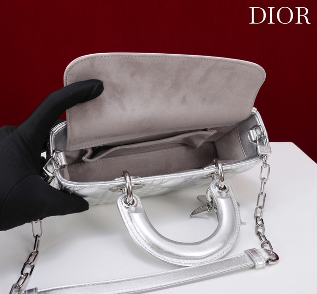 Dior Small Lady D-Joy Bag Silver-Tone Metallic Cannage Calfskin M0613