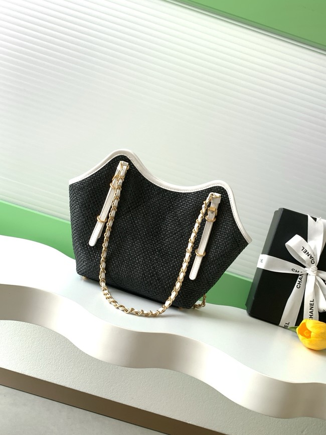 CHANEL Small Tote Braided Raffia AS6015 Black & White