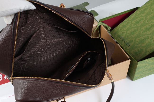 Gucci Large boston bag with bamboo soft suede A006OD Dark brown
