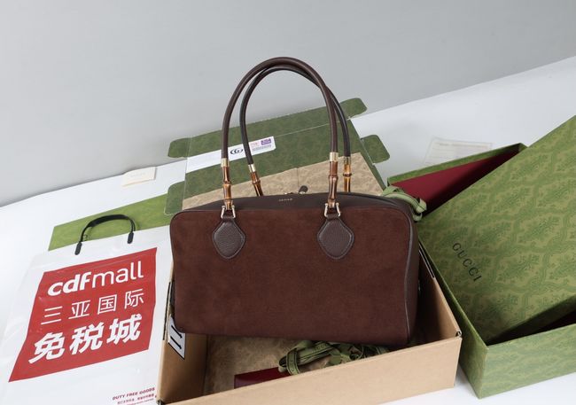 Gucci Large boston bag with bamboo soft suede A006OD Dark brown