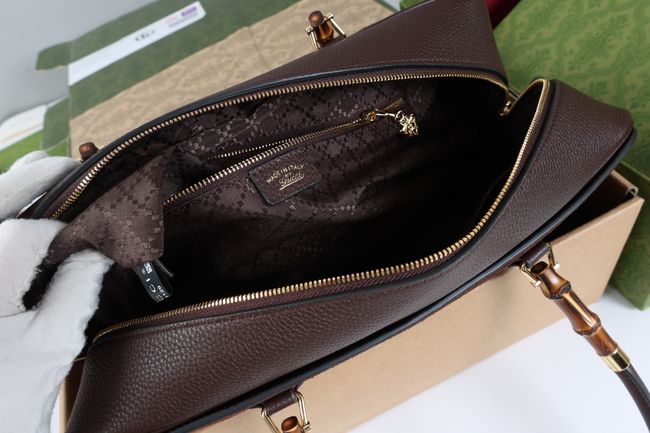 Gucci Large boston bag with bamboo soft suede A006OD Dark brown