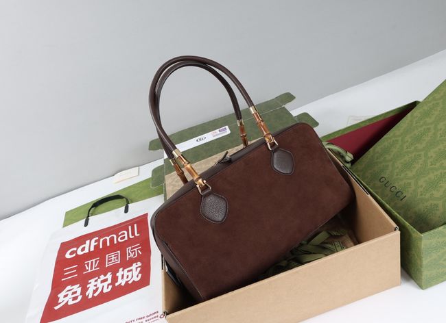 Gucci Large boston bag with bamboo soft suede A006OD Dark brown