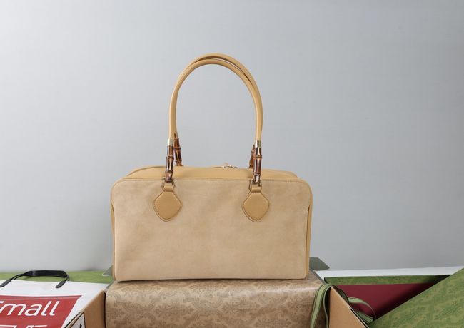 Gucci Large boston bag with bamboo soft suede A006OD dark beige