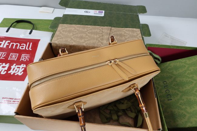 Gucci Large boston bag with bamboo soft suede A006OD dark beige