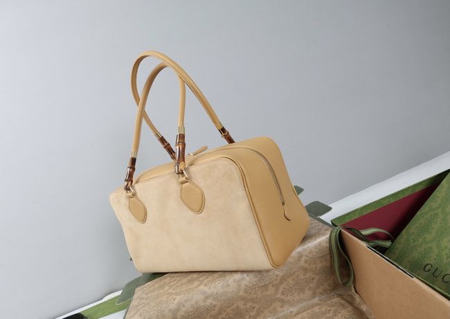 Gucci Large boston bag with bamboo soft suede A006OD dark beige
