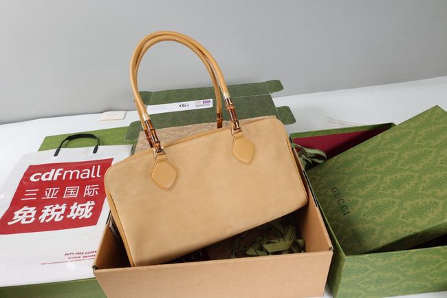 Gucci Large boston bag with bamboo soft suede A006OD dark beige