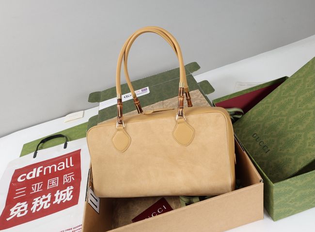 Gucci Large boston bag with bamboo soft suede A006OD dark beige
